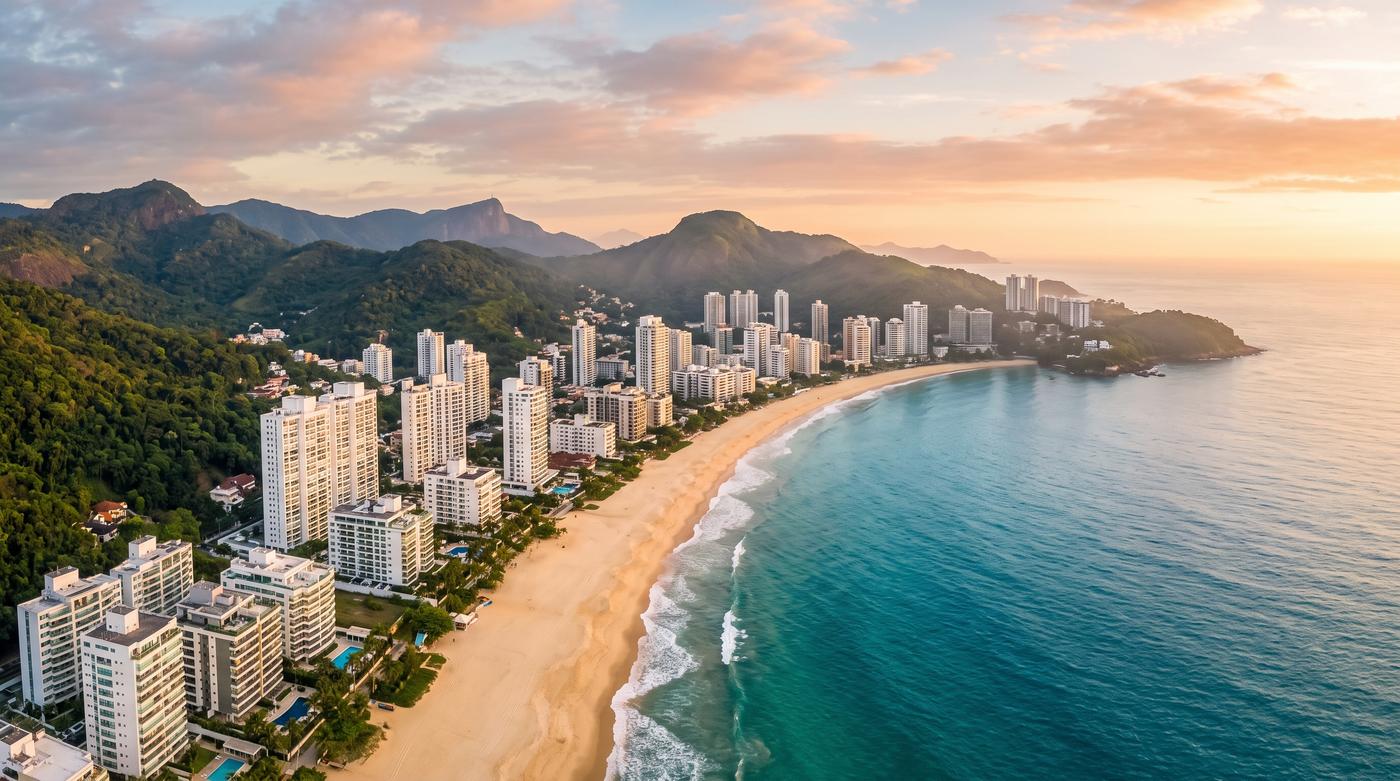 Valorização m² Itapema: vista aérea de orla urbanizada, com areia, mar e prédios.